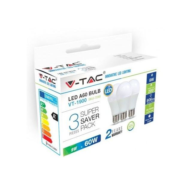 LED-lamppu V-TAC A60 Vt-1900 E27 10W 2700K Ø 60mm valkoinen 3 kpl/pkt
