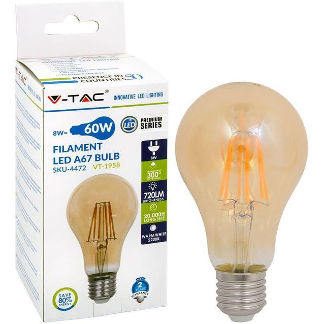 LED-polttimo V-TAC 8W E27 2200 K, 720 lm, A67, meripihka