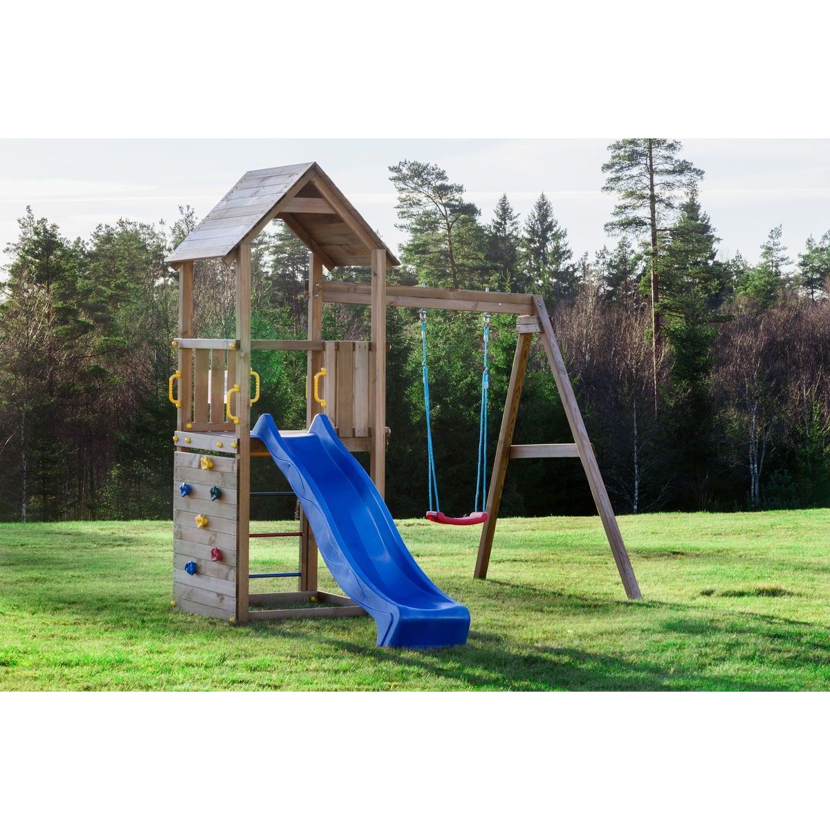 Leikkikeskus JABO 2 painekyllästetty mänty sis. sinisen liukumäen