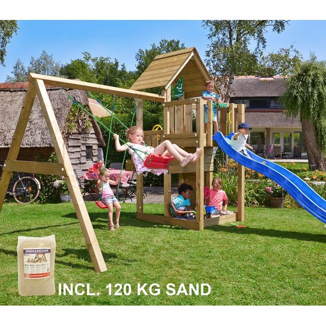 Leikkikeskus Jungle Gym Cubby ja Swimg Module X'tra sis. 120 kg hiekkaa ja sinisen liukumäen