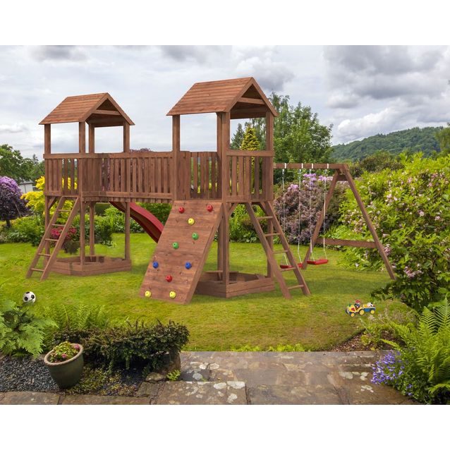 Leikkikeskus Palmako Jesper 1 sis. 2 leikkitornia + hiekkalaatikot + silta + kiipeilyseinä + keinuosa