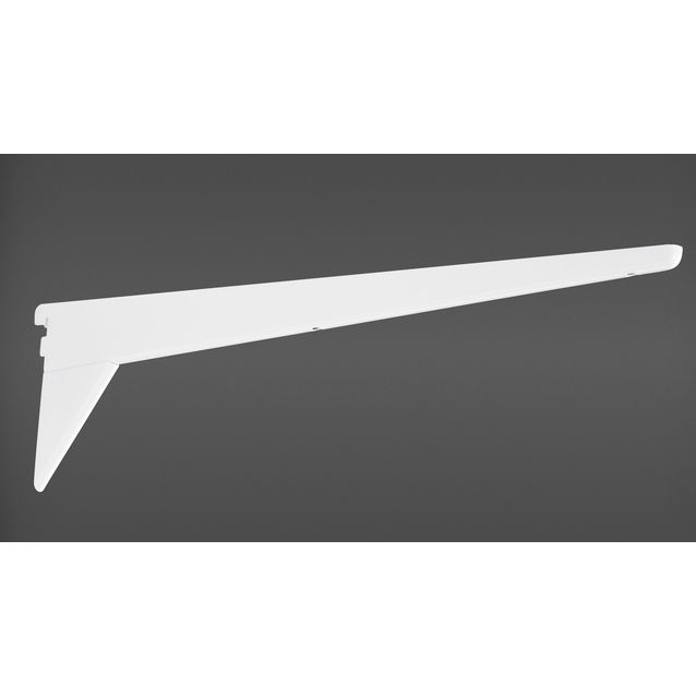Valkoinen, 57 cm pituinen levyhyllyn kannatin sopii maksimissaan 60 cm leveän hyllyn kannattimeksi