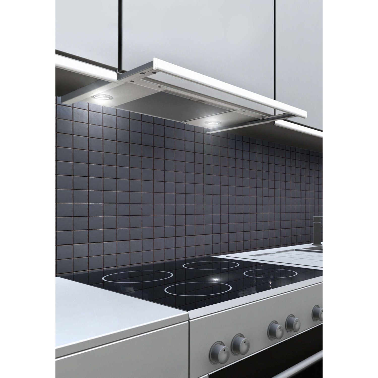 Liesituuletin Franke Slimline on huomaamaton asennettuna valkoisiin keittiön kalusteisiin