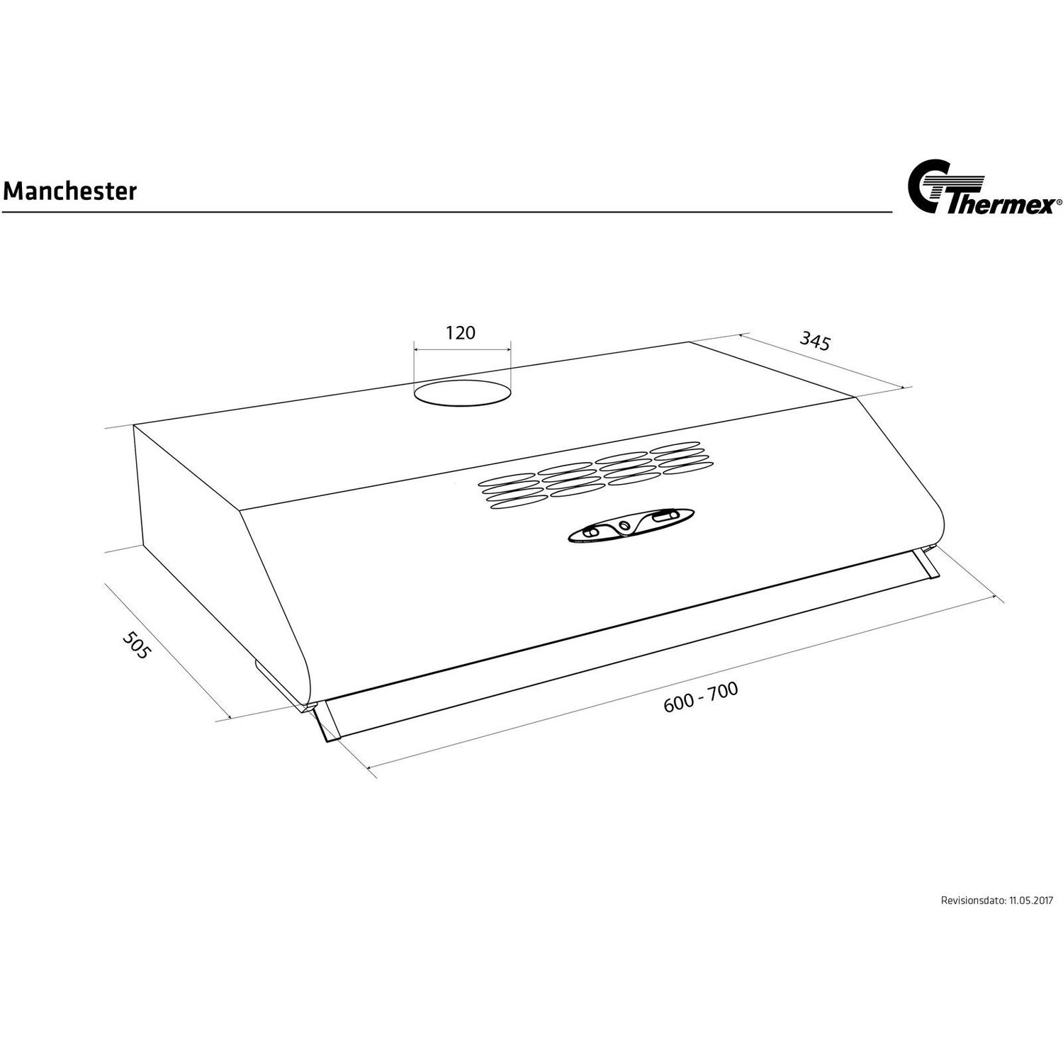 Liesituuletin Thermex Manchester 600 mm sisäinen moottori valkoinen mittapiirroskuva