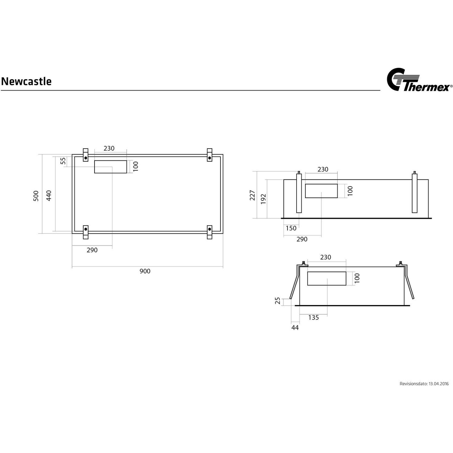 Liesituuletin Thermex Newcastle 900 mm sisäinen moottori kauko-ohjattava rst mittapiirroskuva