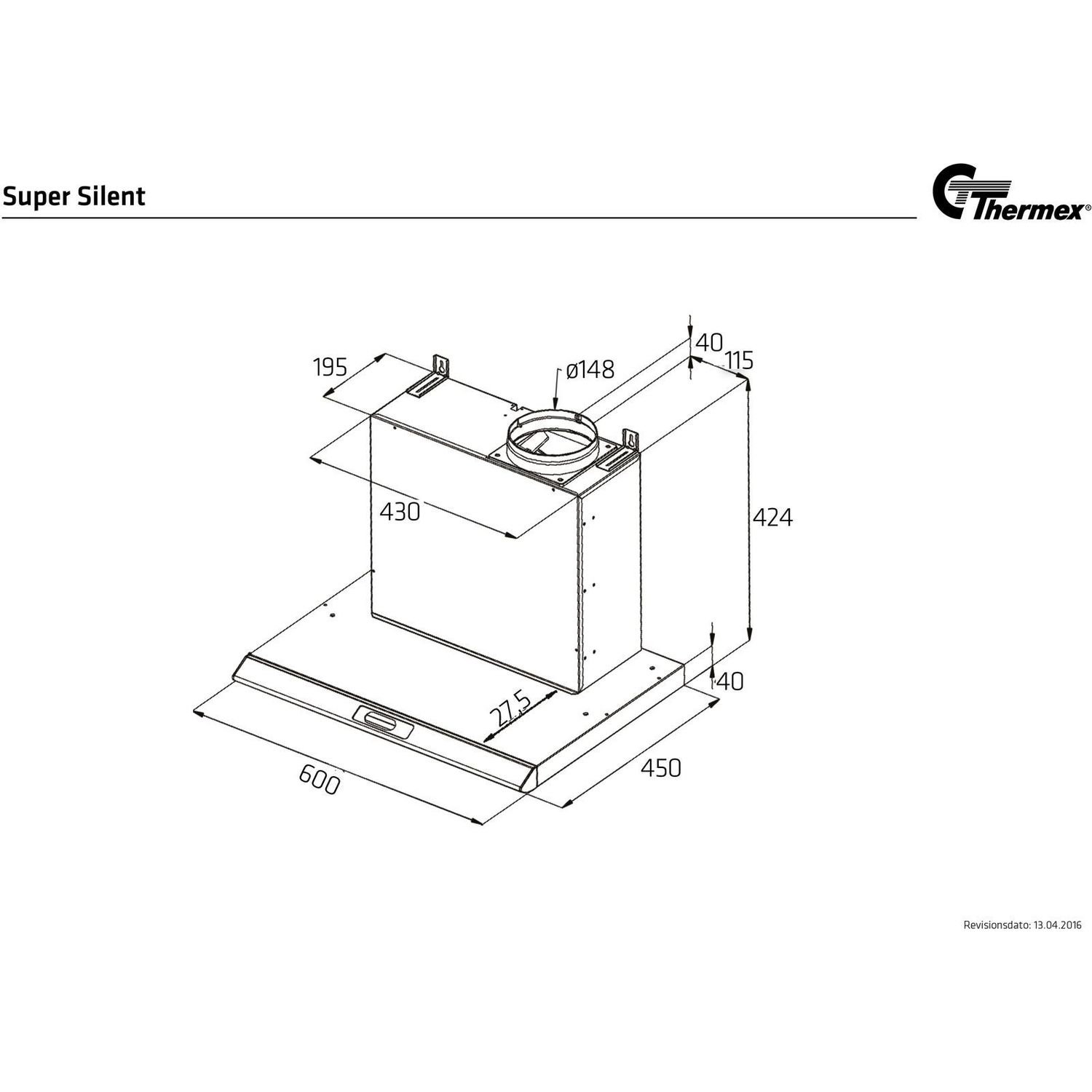 Liesituuletin Thermex Super Silent 600 mm sisäinen moottori rst mittapiirroskuva