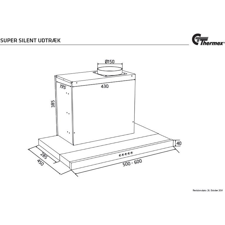 Liesituuletin Thermex Super Silent Slider 500 mm sisäinen moottori valkoinen mittakuva