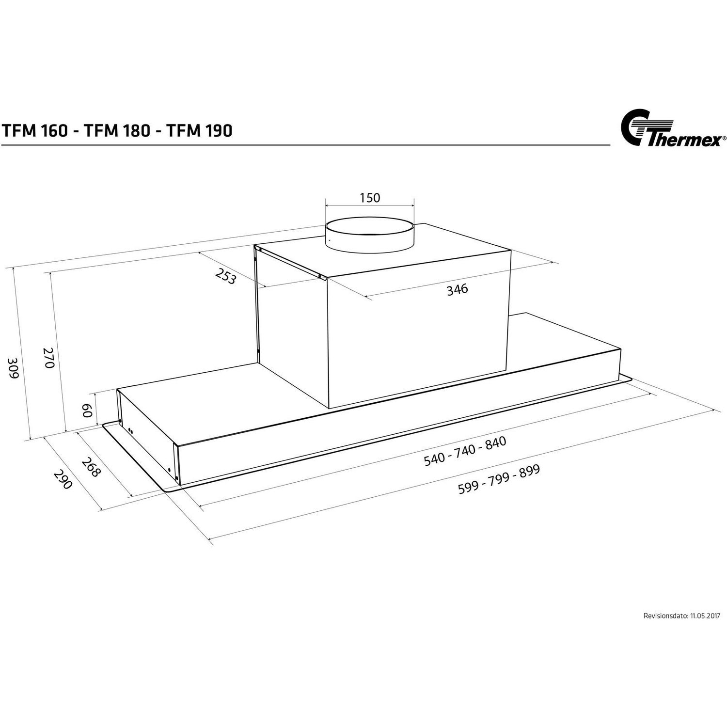 Liesituuletin Thermex TFM 160 600 mm sisäinen moottori rst mittapiirroskuva