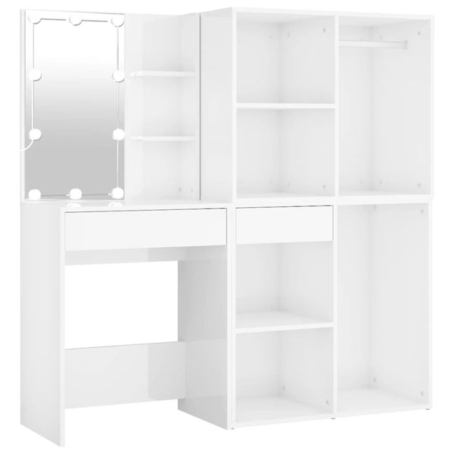 Meikkipöytä LED-peilillä kahdella kaapilla korkeakiilto valk tekninen puu (82032)