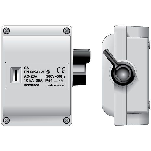 Turvakytkin Norwesco SA316, sivusta väännettävä, 3x16A, 500V, 7.5kW, IP54, harmaa