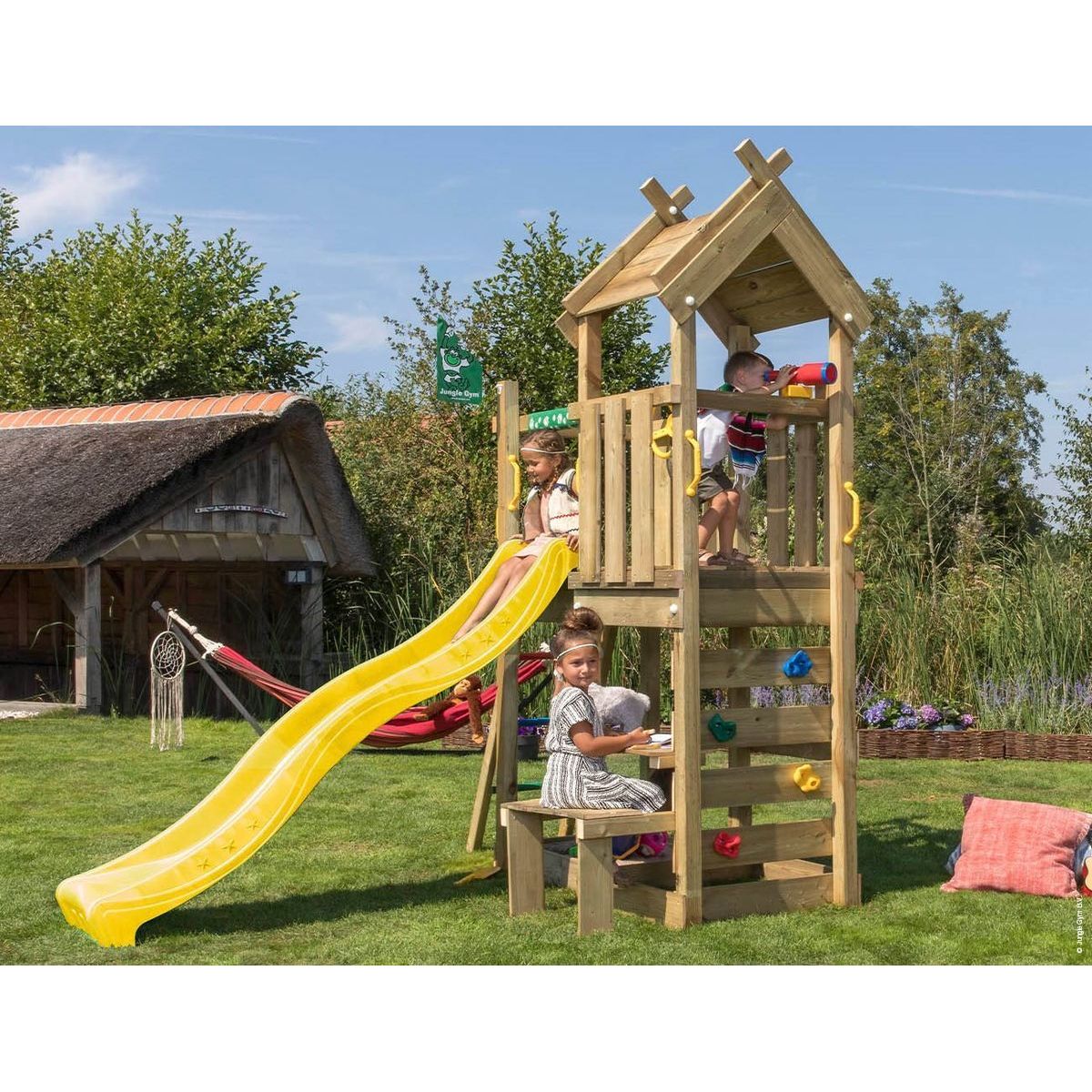 Leikkitorni Jungle Gym Teepee, keltainen liukumäki