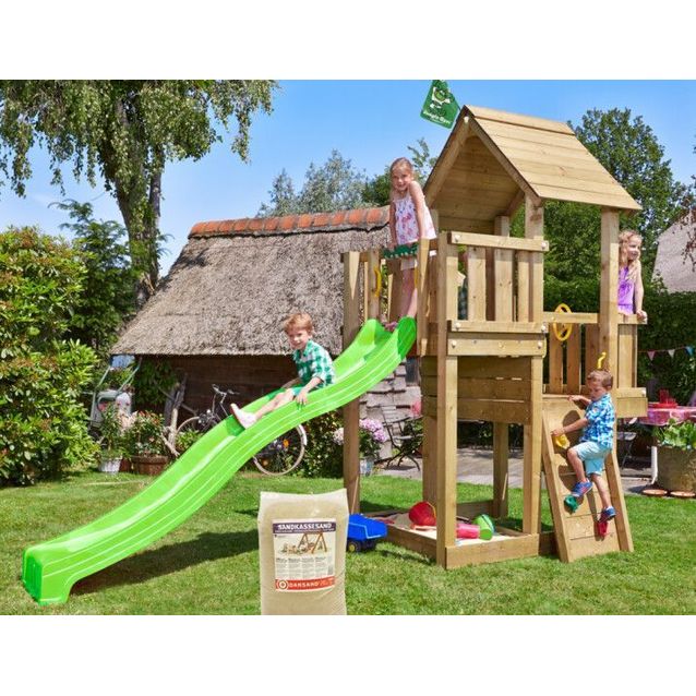 Leikkitornikokonaisuus Jungle Gym Cubby, liukumäki ja 120 kg hiekkaa
