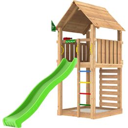 Leikkitorni Jungle Gym Cabin 2.1, liukumäki ja 120 kg hiekkaa
