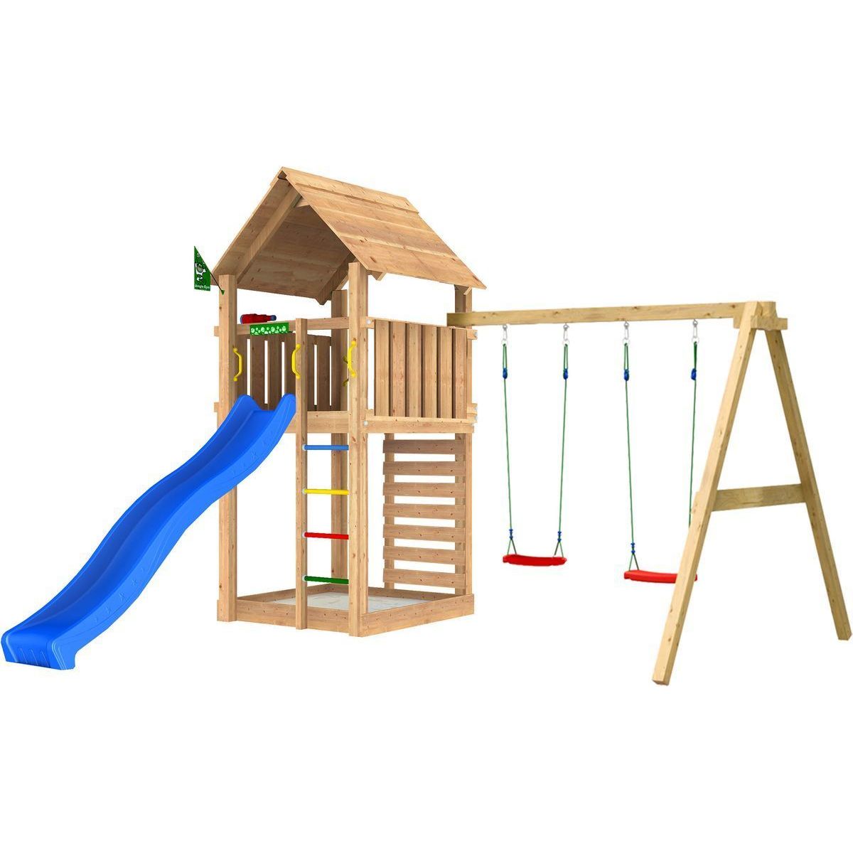 Leikkitorni Jungle Gym Cabin 2.1, 2-Swing Module 220, sininen liukumäki ja 120 kg hiekkaa
