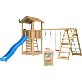 Leikkitorni Jungle Gym Cottage 2.1, 2-Climb Module 220, liukumäki ja 120 kg hiekkaa