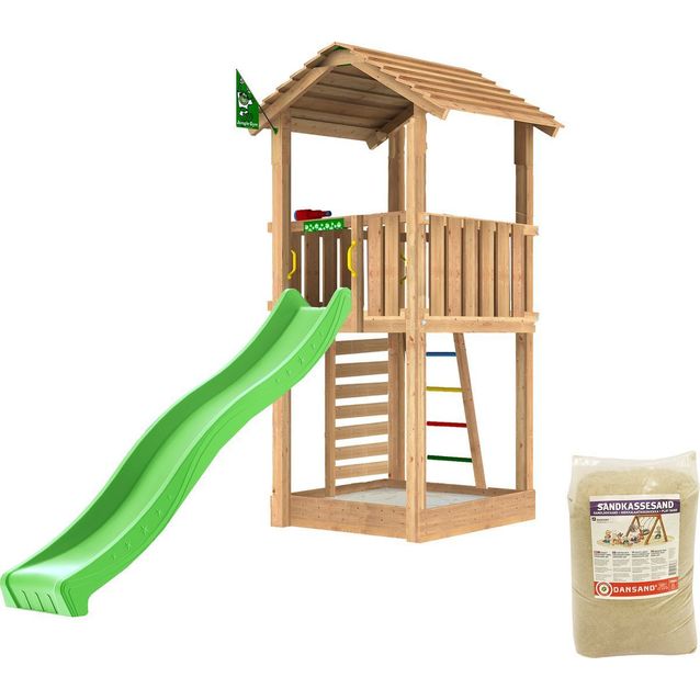 Leikkitorni Jungle Gym Cottage 2.1, liukumäki ja 120 kg hiekkaa