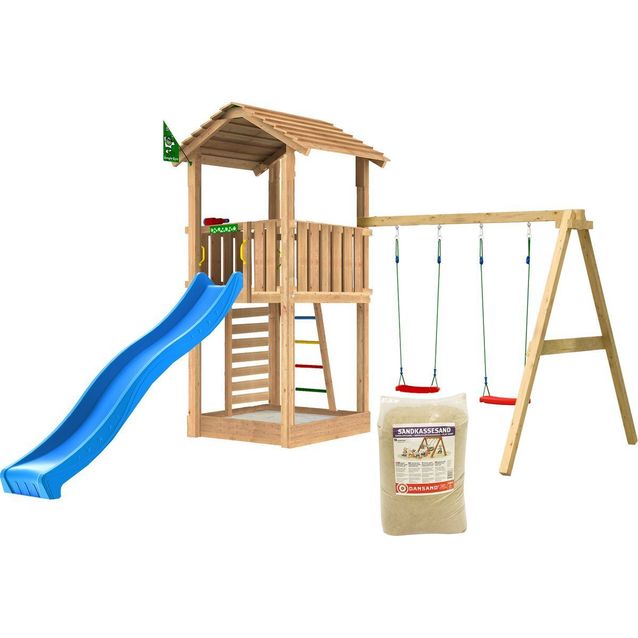 Leikkitorni Jungle Gym Cottage 2.1, 2-Swing Module 220, liukumäki ja 120 kg hiekkaa