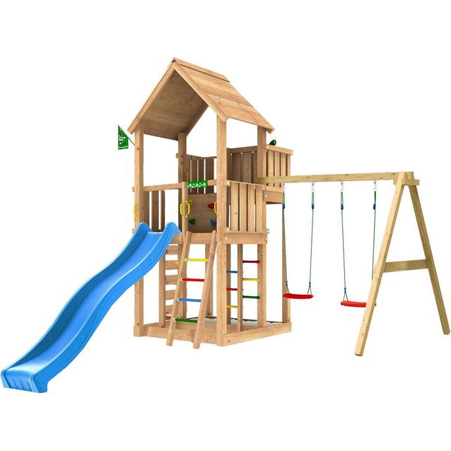 Leikkitorni Jungle Gym Palace 2.1, 2-Swing Module 220, sininen liukumäki ja 120 kg hiekkaa