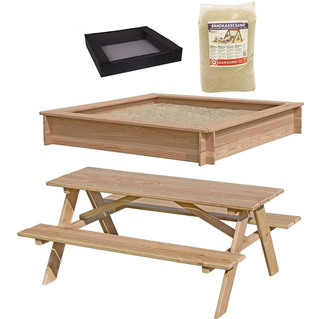 Hiekkalaatikko Nordic Play Active, 150x150cm, lehtikuusi, verkko, 200 kg hiekkaa ja pöytä/penkkisetti