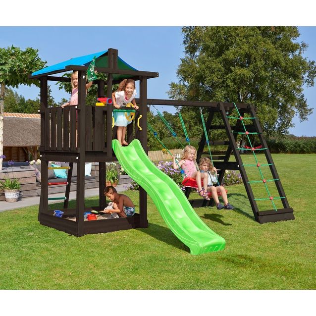 Leikkitornikokonaisuus Jungle Gym Hut 2.1, mustaksi petsattu, 2-Climb Module 220, vihreä liukumäki