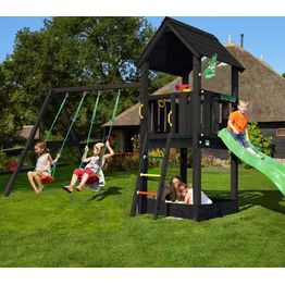 Leikkitornikokonaisuus Jungle Gym Club 2.1, 2-Swing Module 220, mustaksi petsattu, vihreä liukumäki