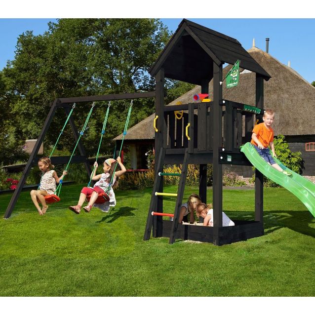 Leikkitornikokonaisuus Jungle Gym Club 2.1, mustaksi petsattu, 2-Swing Module 220, vihreä liukumäki