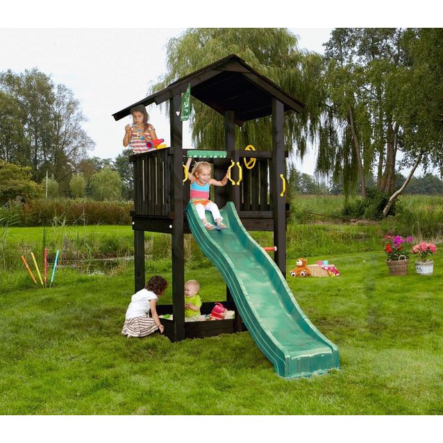 Leikkitornikokonaisuus Jungle Gym Casa 2.1, mustaksi petsattu, tummanvihreä liukumäki