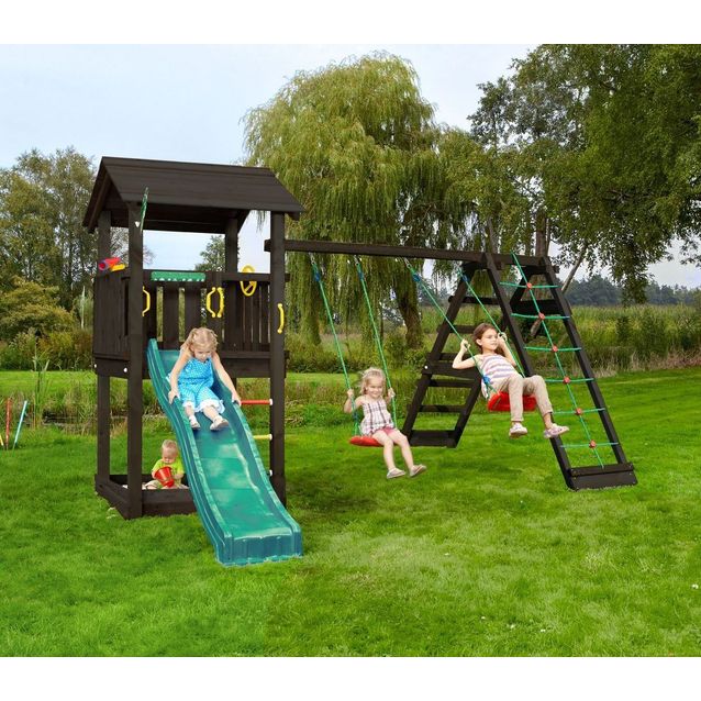 Leikkitornikokonaisuus Jungle Gym Casa 2.1, mustaksi petsattu, 2-Climb Module 220, tummanvihreä liukumäki