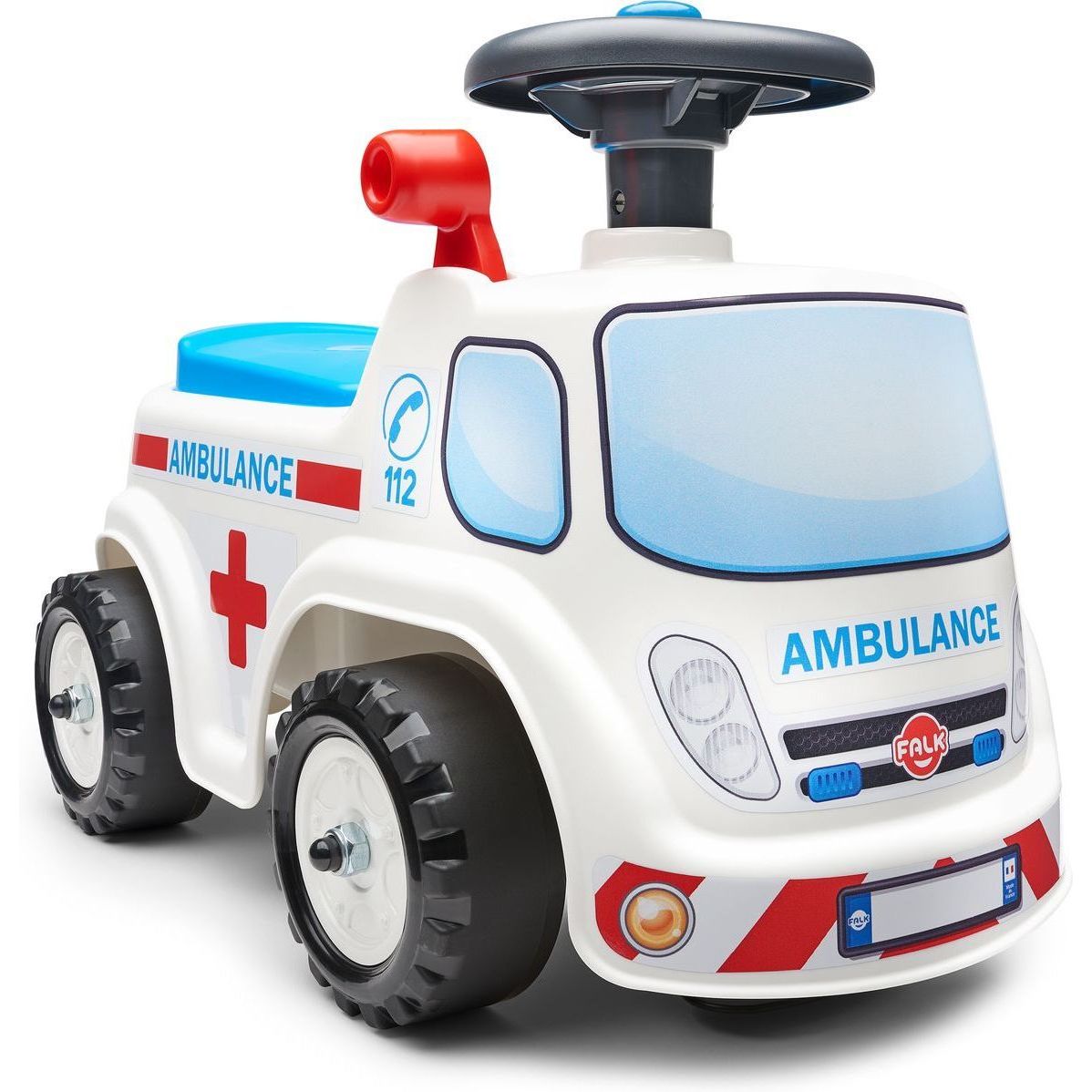 Potkuauto Falk Ambulanssi ride-on, säilytystila, ratti ja äänitorvi