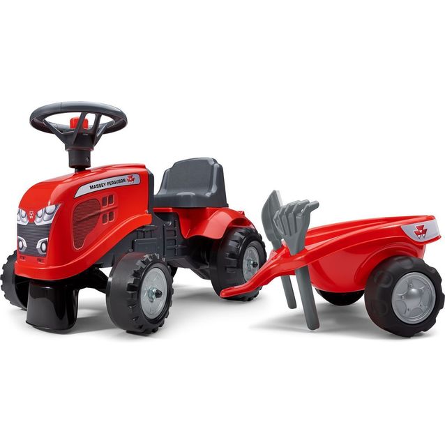 Potkuauto Falk Ride-on traktori Baby Massey Ferguson, peräkärryllä, haravalla ja lapiolla