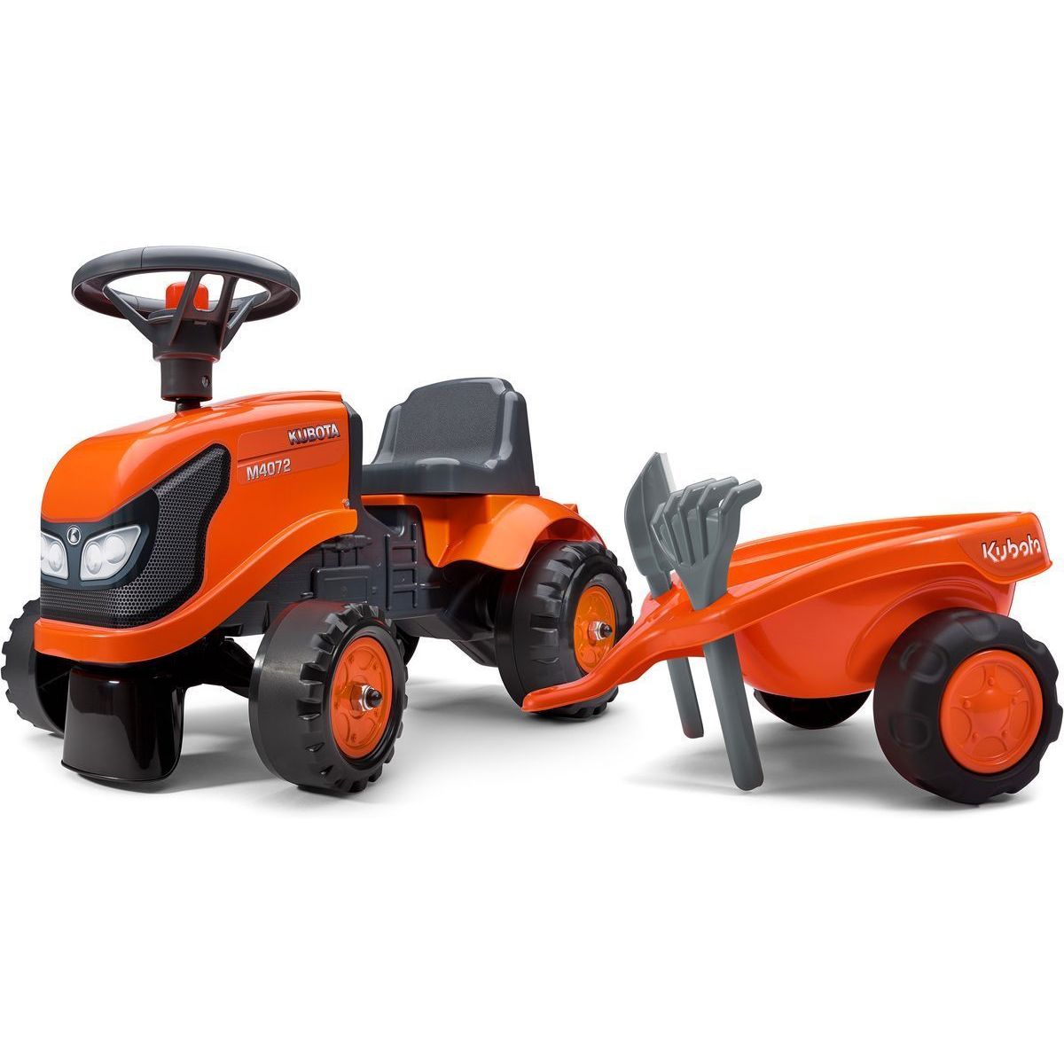 Potkuauto Falk Ride-on traktori Baby Kubota, peräkärryllä, haravalla ja lapiolla