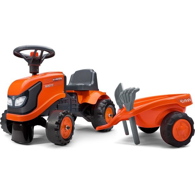 Potkuauto Falk Ride-on traktori Baby Kubota, peräkärryllä, haravalla ja lapiolla