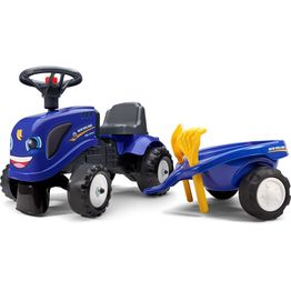 Potkuauto Falk Ride-on traktori Baby New Holland, peräkärryllä, haravalla ja lapiolla