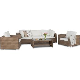 Oleskeluryhmä Bahamas 3-istuttava sohva + 2 nojatuolia + sohvapöytä hyllyllä hiekka/valkoinen