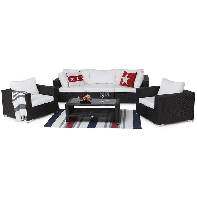 Oleskeluryhmä Bahamas 3-istuttava sohva + 2 nojatuolia + sohvapöytä hyllyllä musta/valkoinen