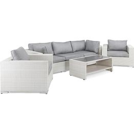 Oleskeluryhmä Bahamas 3-istuttava sohva + 2 nojatuolia + sohvapöytä hyllyllä valkoinen/harmaa