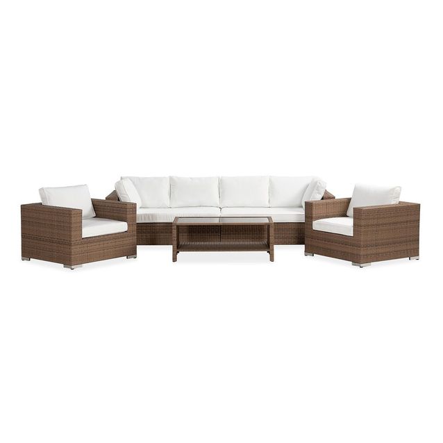 Oleskeluryhmä Bahamas 4-istuttava sohva 2 nojatuolia sohvapöytä hyllyllä hiekka-valkoinen