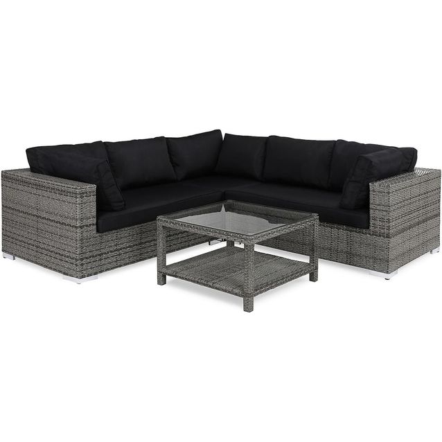Oleskeluryhmä Bahamas 5-istuttava kulmasohva pieni sohvapöytä hyllyllä tummanharmaa-musta
