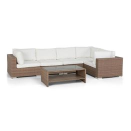 Ulkosohvaryhmä Bahamas 5-istuttava kulmasohva + sohvapöytä hyllyllä hiekka/valkoinen