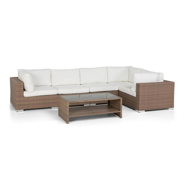 Oleskeluryhmä Bahamas, 5-istuttava kulmasohva + sohvapöytä hyllyllä, hiekka/valkoinen