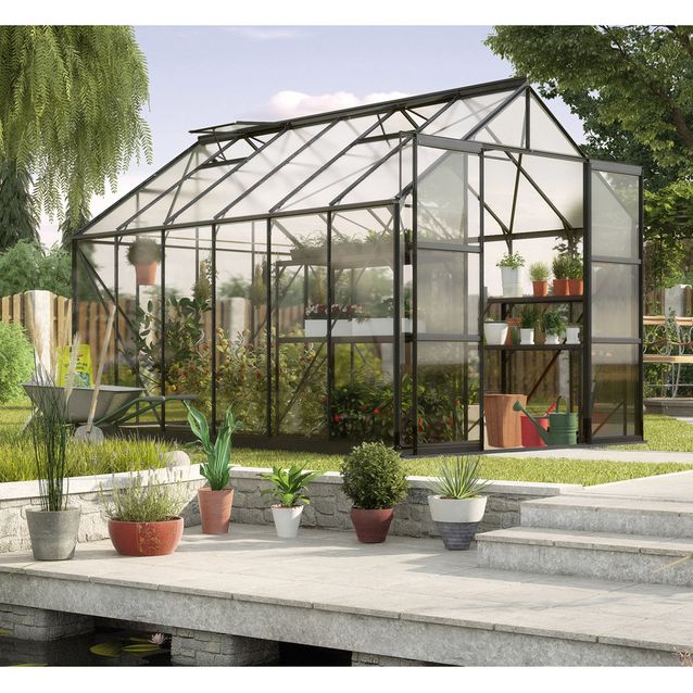 Kasvihuone Vitavia Phoenix, lasi, musta, sokkelilla