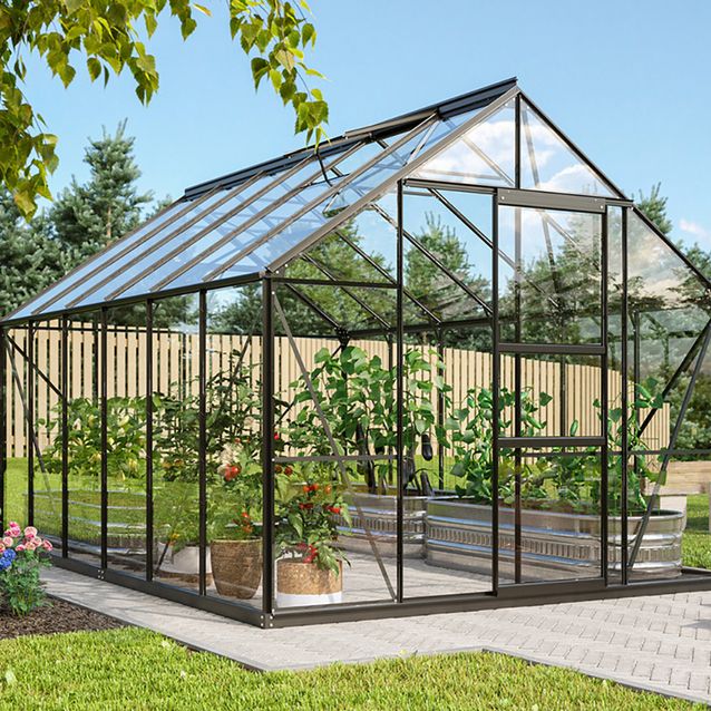 Kasvihuone Vitavia Merkur, lasi, musta, sokkelilla