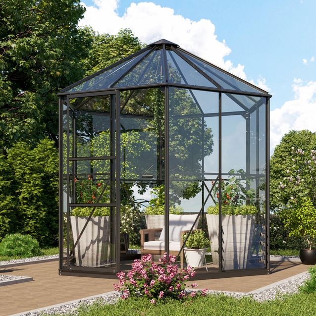 Kasvihuone Vitavia Hera 4500, 4.5m2, lasi, musta, sokkelilla
