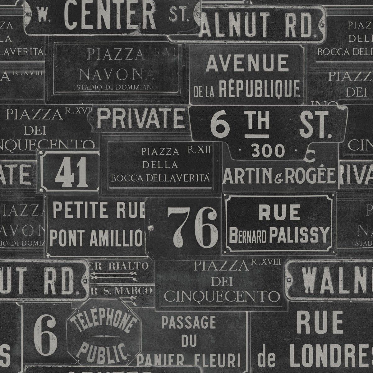 Paneelitapetti Mindthegap Vintage Signs Anthracite 1,56x3 m