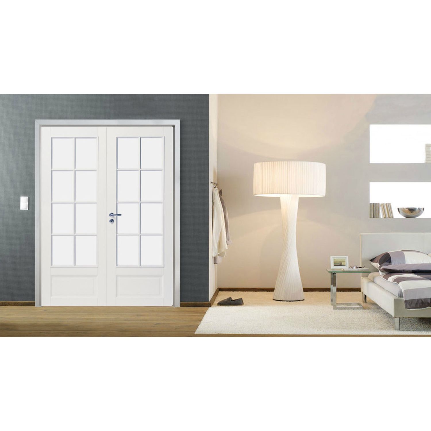 Pariovi 8-ruutuinen Swedoor Craft 104 lasitettu valkoinen makuuhuoneessa