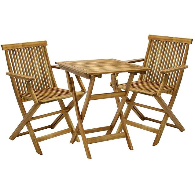 Parvekesetti Home4you Finlay, pöytä +2 tuolia käsinojilla akaasia ruskea