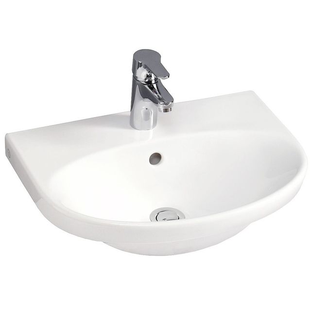 Pesuallas Gustavsberg Nautic, 50 cm, pultti/kannatinkiinnitys, hananreikä keskellä, ylivuotoaukolla, CeramicPlus