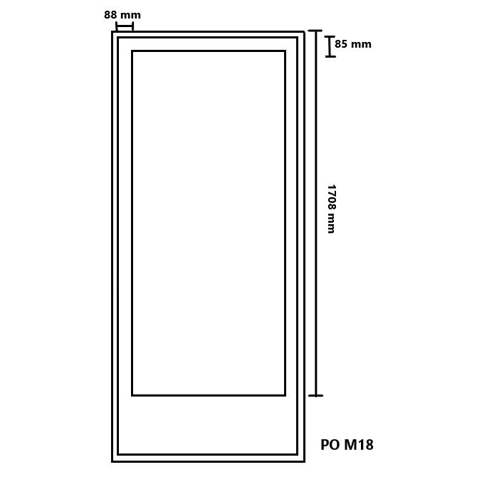 Lasimittakuvan mitat pysyvät samoina oven koosta riippumatta. Oven leveyden kasvaessa lasiaukon leveys kasvaa. Oven korkeuden kasvaessa umpiosan korkeus kasvaa ja lasin korkeus pysyy samana. 