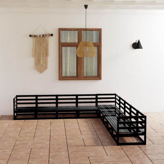 Puutarhasohvasarja, mäntyä, musta, 9 osaa