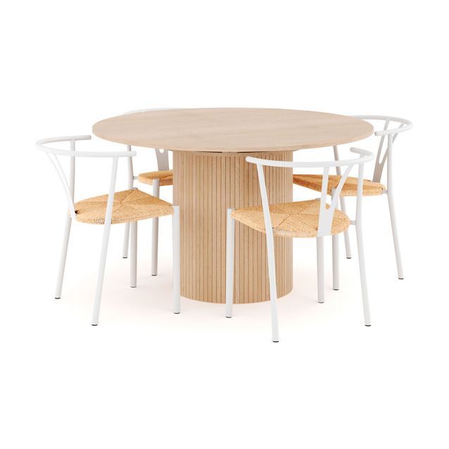 Ruokailuryhmä Kopparbo, Ø130cm, jatkettava, 4 Elysia ruokatuolia, beige (00730)